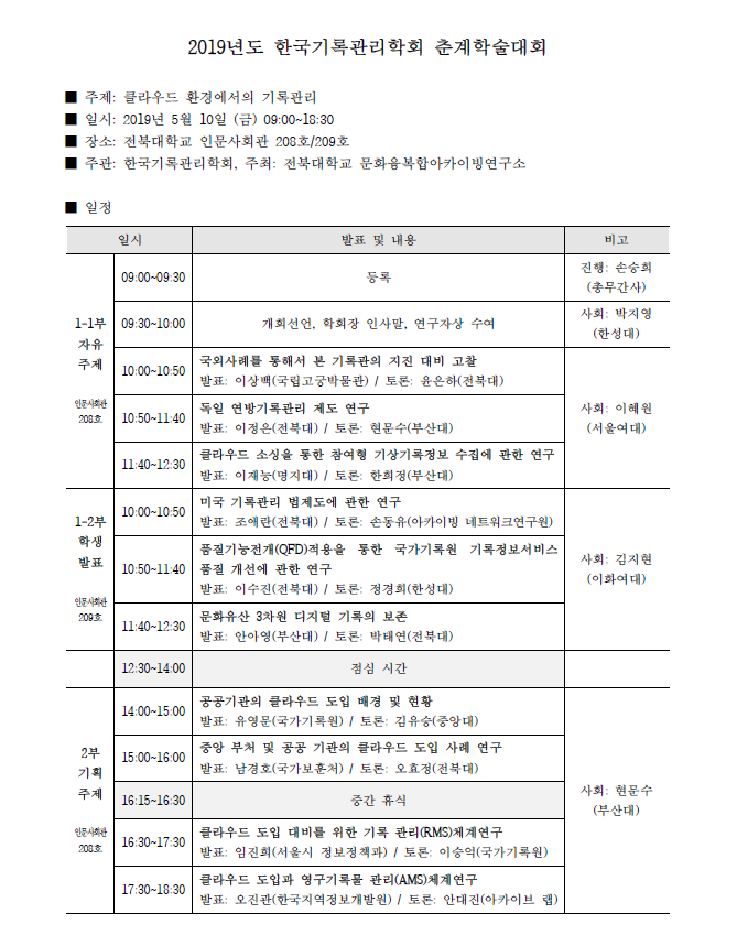 한국기록관리학회 2019 춘계학술대회 안내