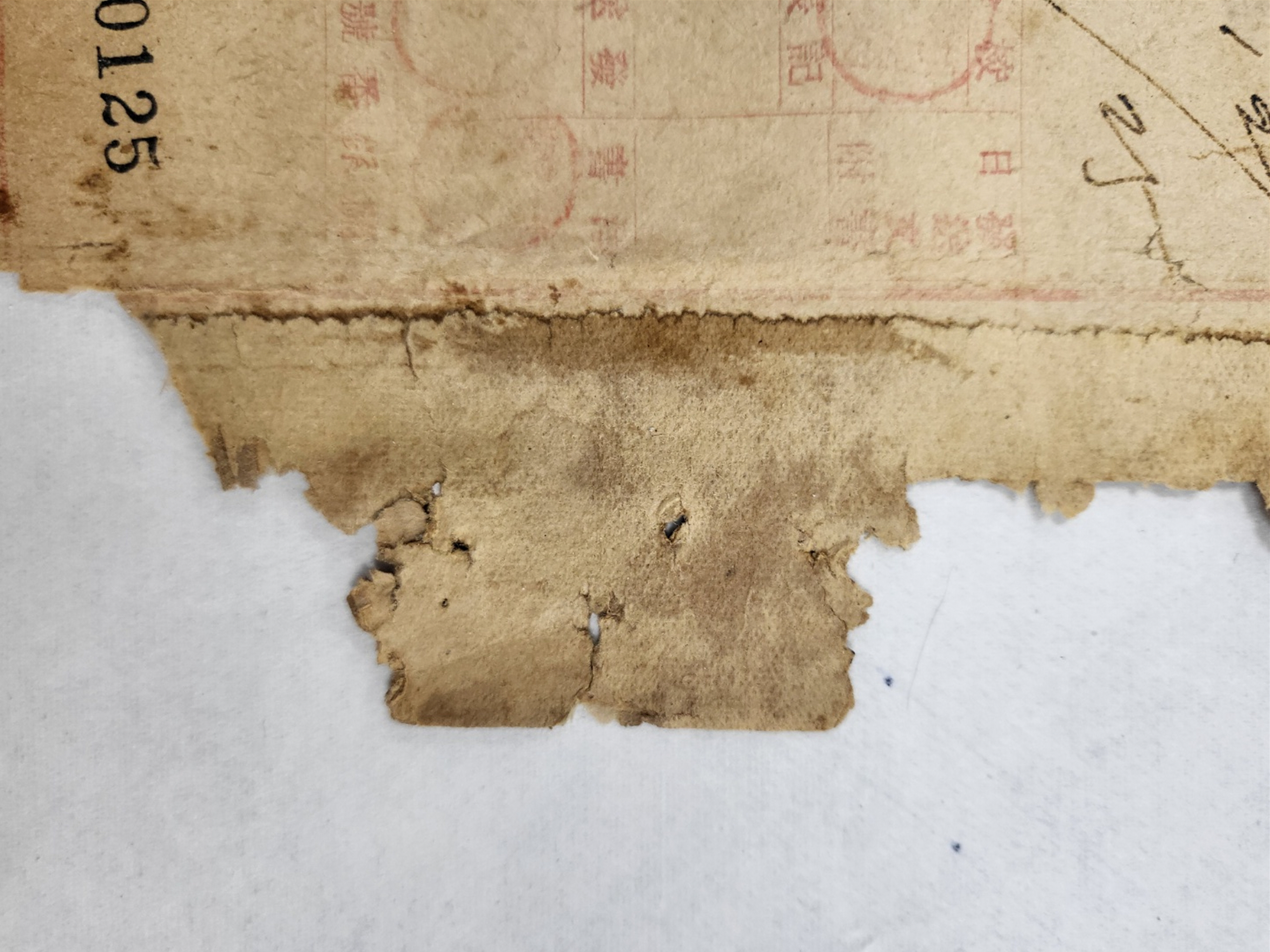문서의 일부, 접착제가 발려 있던 부위가 짙게 변색되어있고, 갈라져있다.